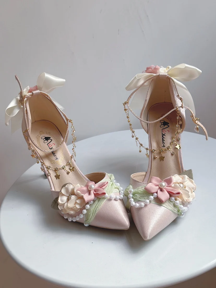 Original Sweet Lolita High Heels Girl Lolita Shoes Summer Fairy Elegant Wedding Shoes Pointed Loli Tea Party Single Shoes