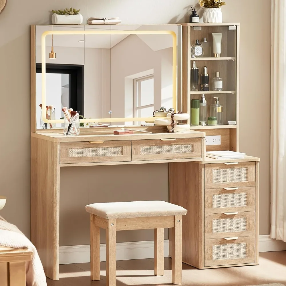 

Vanity Desk with Mirror and Lights, 43.5'' Makeup Vanity Set with Stool 6 Drawers and Adjustable Shelves, Rattan Wood