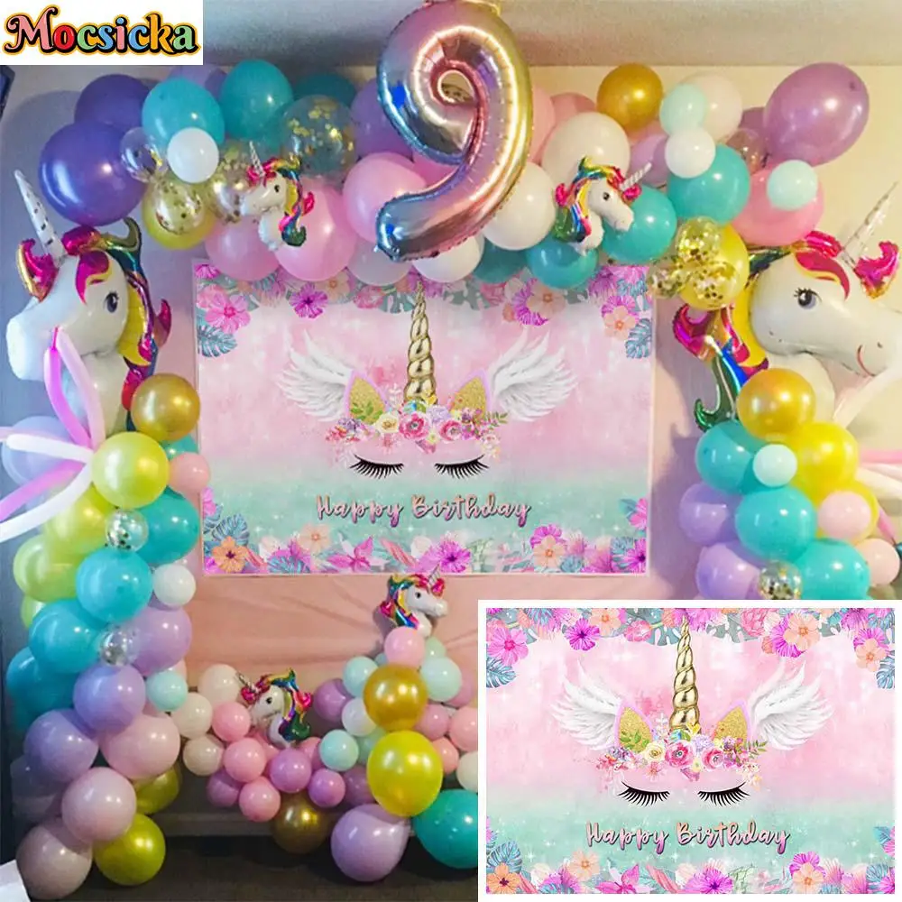 

Mocsicka Gold Unicorn Kids Birthday Party Background Decoration Wing Flower Girl Custom Banner Photography Backdrop Studio Props