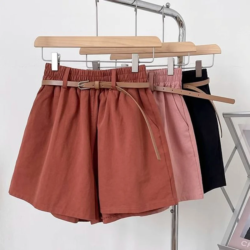 Rimocy with Belt Cargo Shorts Women 2024 Summer Pocket Wide Leg Short Pants Woman Korean Fashion Loose Elastic Waist Shorts