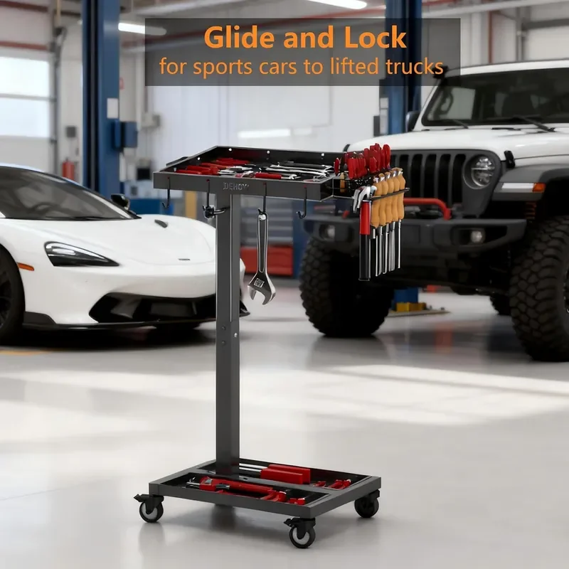 Heavy Duty Adjustable Height Metal Rolling Tool Tray with Wheels Mobile Mechanic Work Cart Garage Auto Repair Workbench