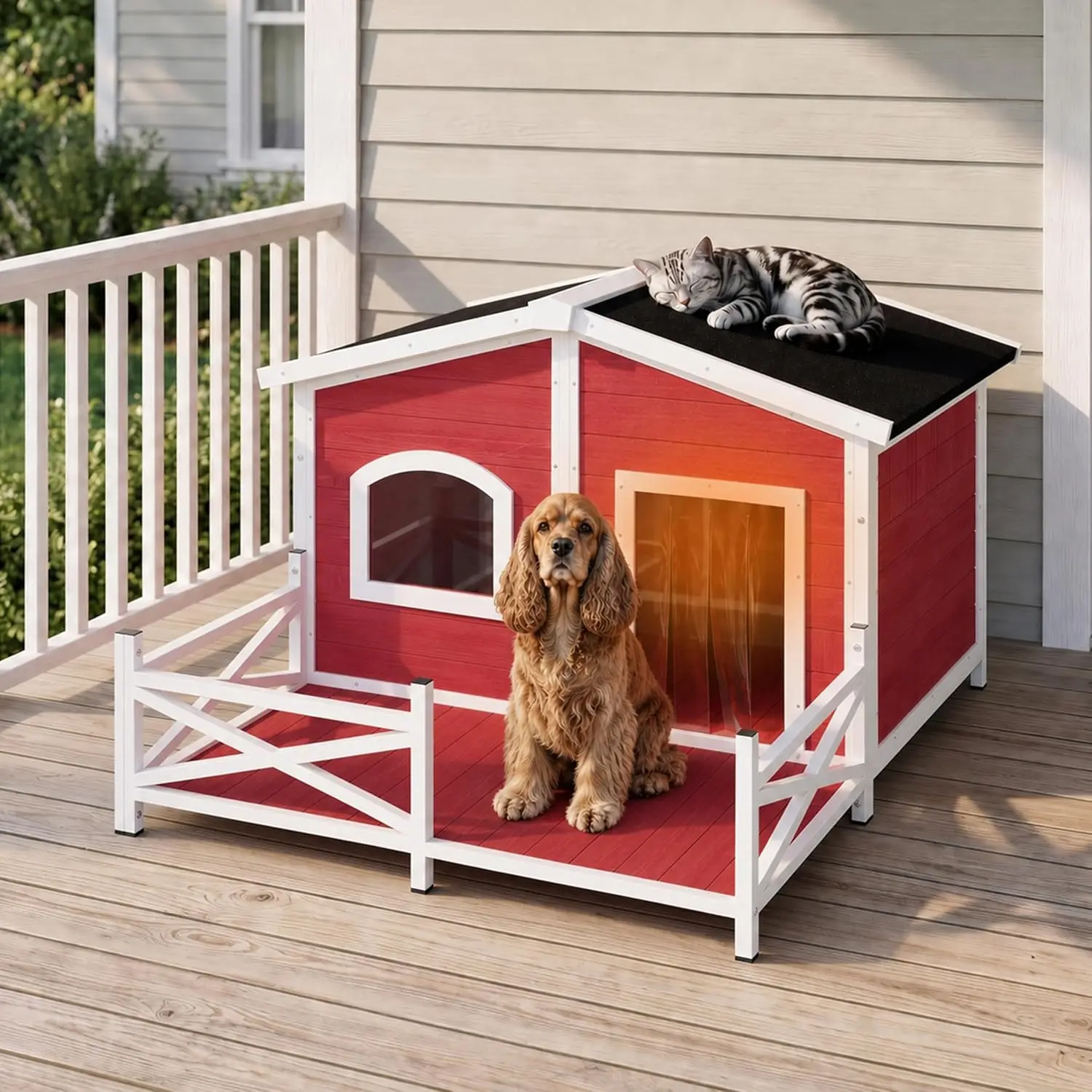 39.3" Insulated Wooden Dog House Small Medium Dogs, Removable Liner, Porch, Openable Roof, Elevated Floor, Customized