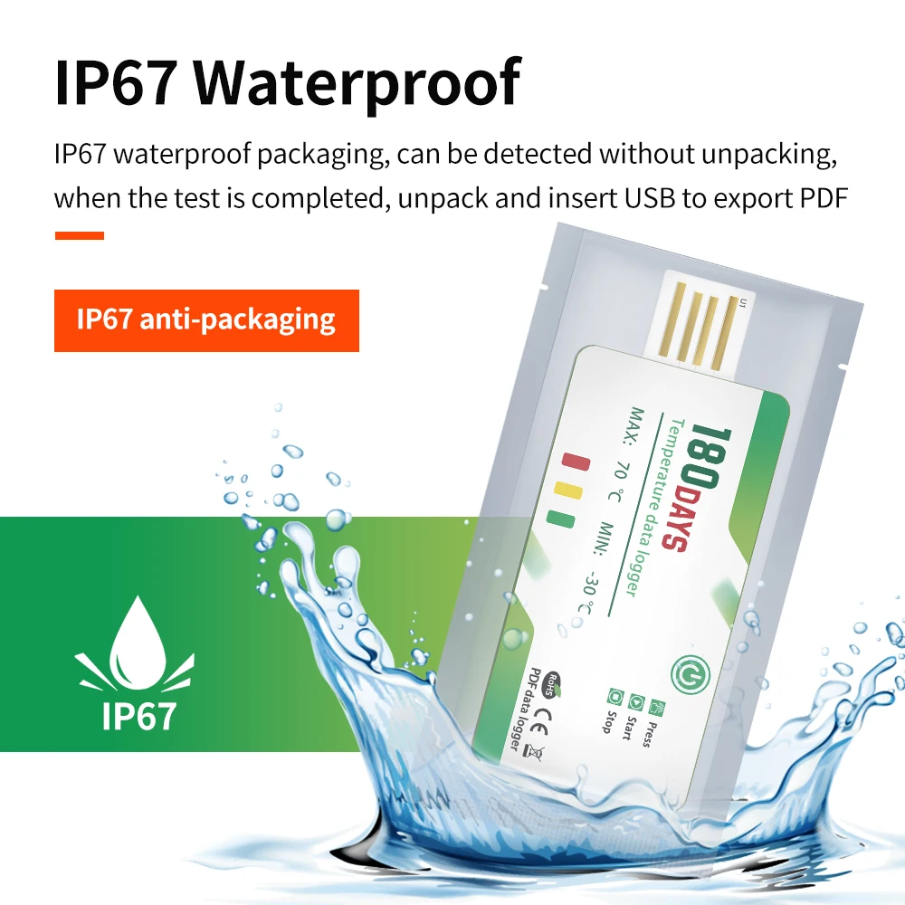 Registratore dati di temperatura usa e getta impermeabile 180 giorni registratore USB rapporto PDF allarme temperatura indicatore LED per lo stoccaggio del trasporto