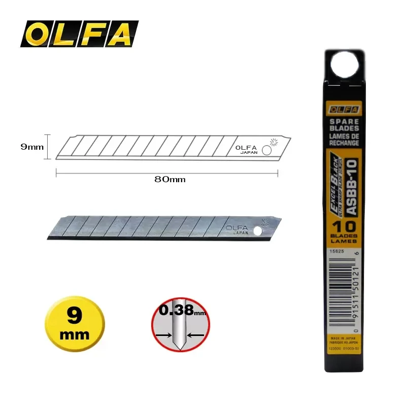 10개의 일본 오리지널 OLFA 블레이드 ASBB-10 다용도 소형 스테인리스강 블레이드 0.38mm 미공 블레이드 9MM 너비 고품질 검은 칼날 날카롭고 내구성 있는 문구용 칼날