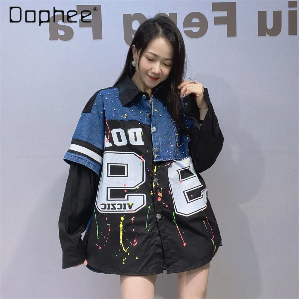 

Fashion Rhinestone Luxury Denim Jacket Loose Mid-Length Women's Long Sleeve Shirt Cardigan Single-Breasted Color Block Jacket