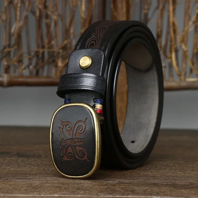 3.5cm/1.38 Inch Men's Retro Leather Belt Laser Engraving Pattern Trendy Brass Buckle Genuine Leather Western Jeans Belts