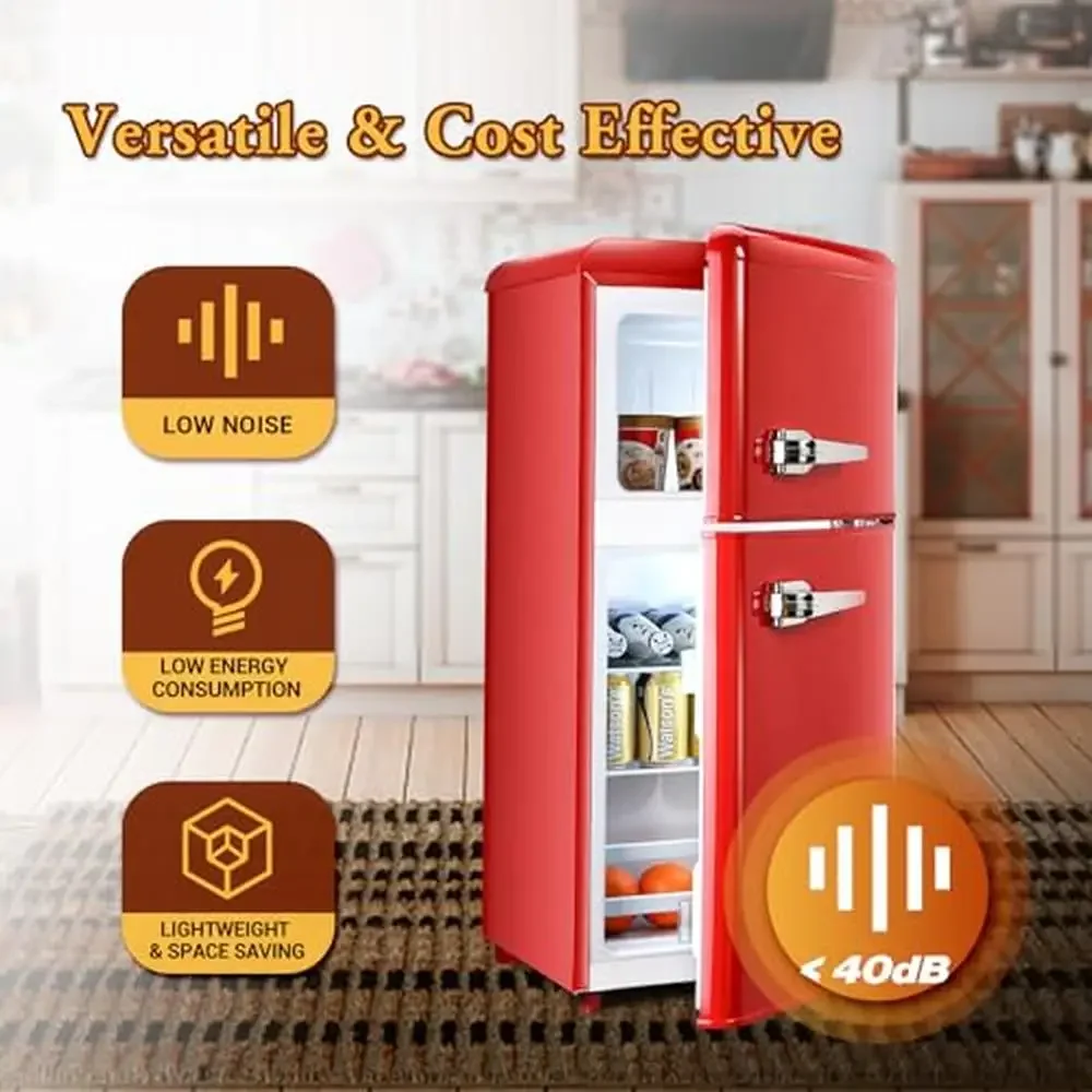 Double Door Compact Refrigerator Freezer Combo 3.2 cu. ft. Capacity Red Ice Trays Glass Shelf Versatile Storage Settings Kitchen