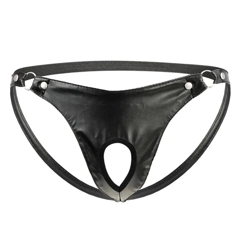 Pantaloncini e mutande da uomo sexy in pelle artificiale nera esotica con anello in metallo perizoma Jock Strap intimo da uomo