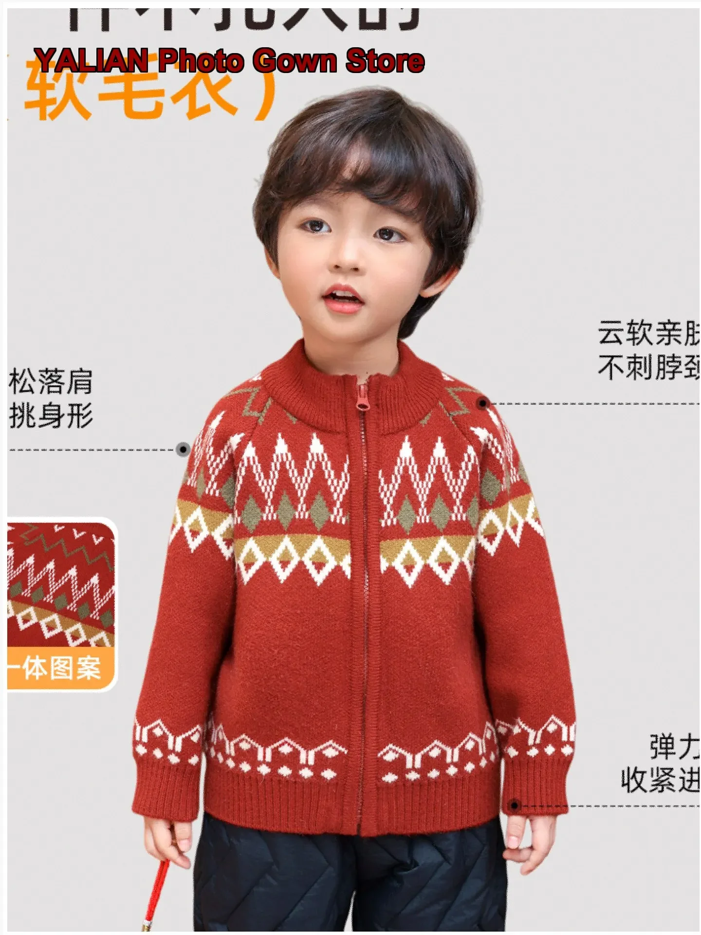 Boys Winter Red Knit Sweater Kids Warm Fleece Lined Thickened Outwear for New Year