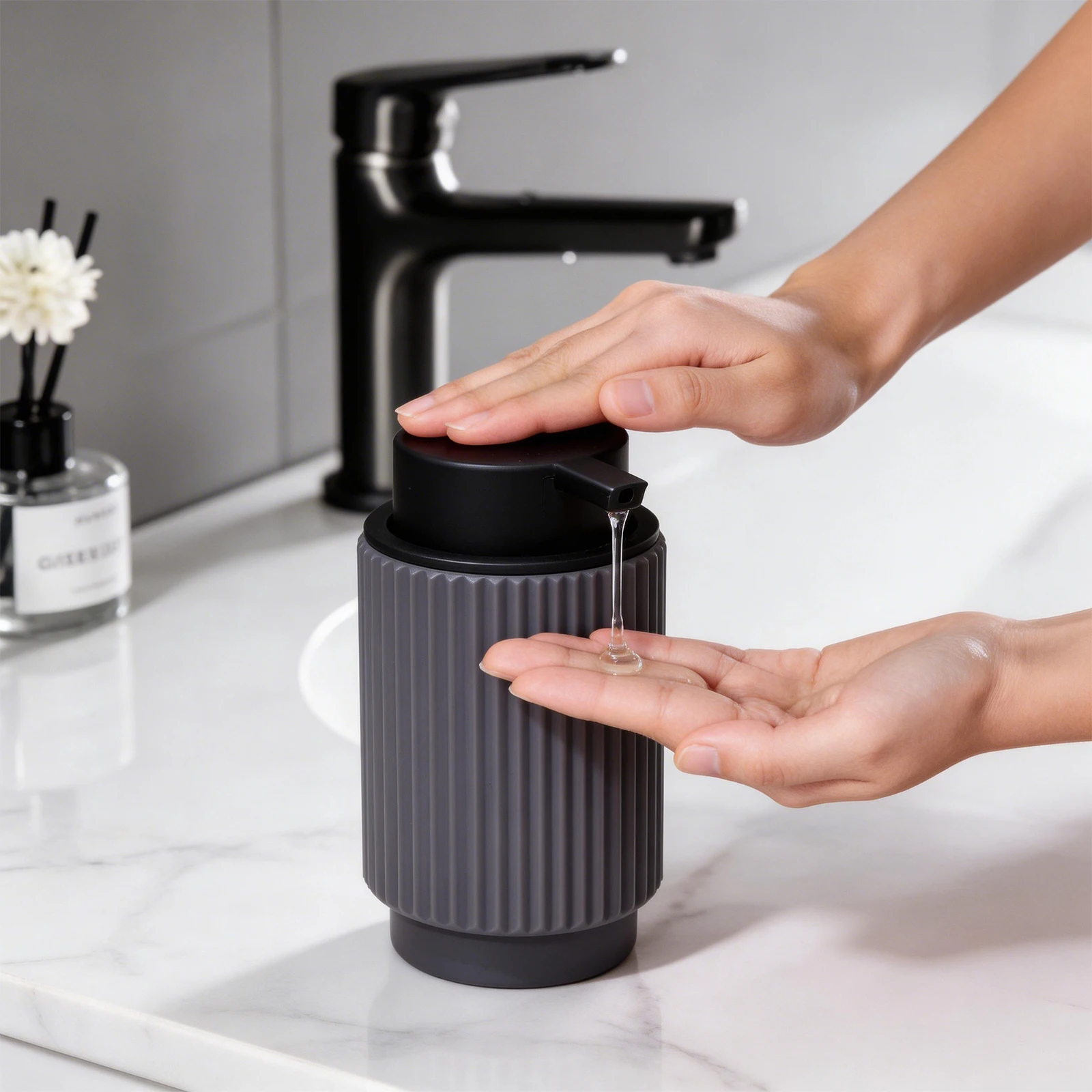 BATHLUX 3D Ribbed ABS Soap Dispenser Anti-Slip Refillable Liquid Bottle Modern Minimalist Style Bathroom & Kitchen Accessory