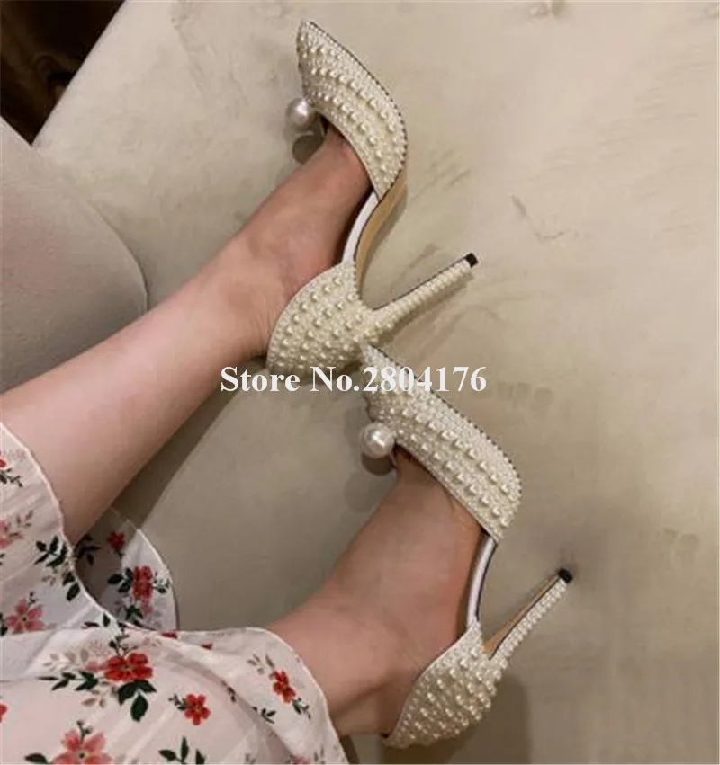 White Diamonds Pumps Luxurious Pointed Toe White Pearls Stiletto Heel Wedding Heels Slip-on Party Unique Dress Shoes