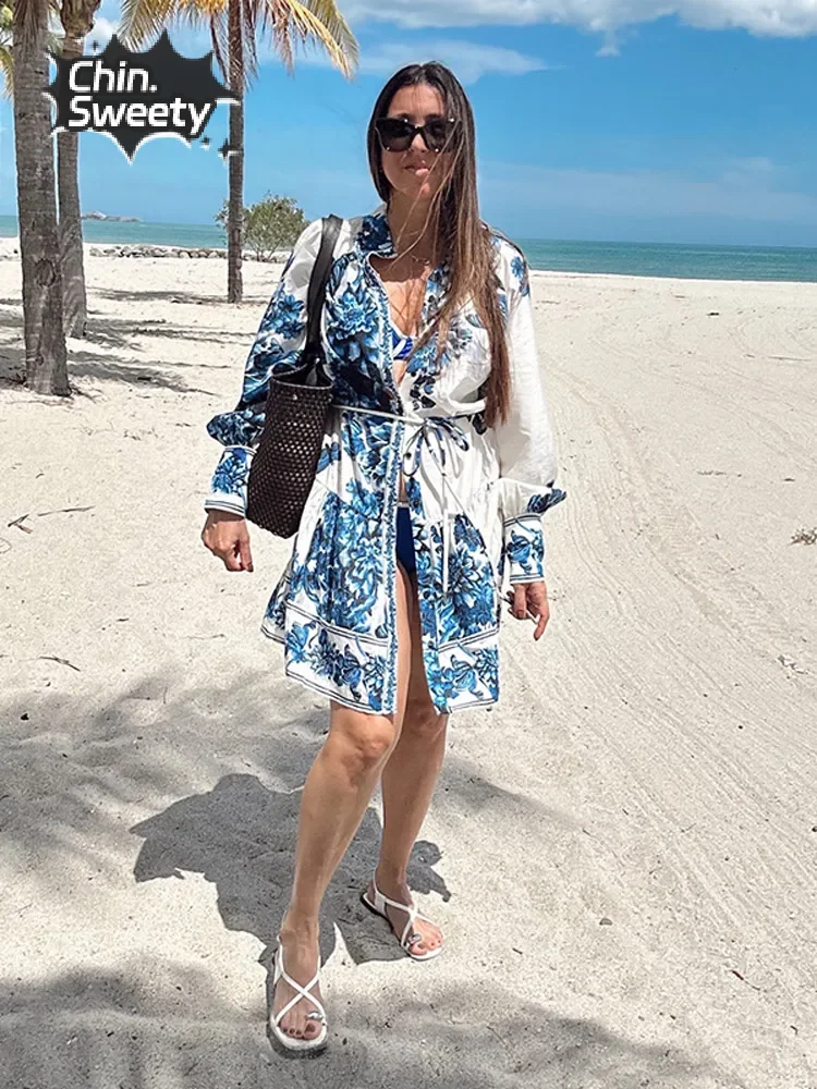 Vintage Floral Print Holiday Mini Dress Elegant Stand Collar Long Sleeve Pleated A-line Vestido Lady 2025 Lace Up Casual Dresses