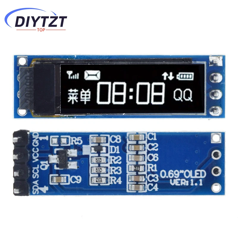 DIYTZT 0,69-дюймовый модуль OLED-дисплея 96x16, белый дисплей, 0,69 дюйма SSD1306, плата управления ЖК-экраном для Arduino, интерфейс IIC 3-5,5 В