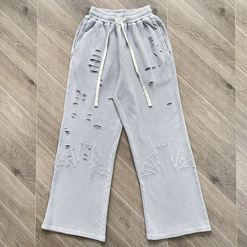 Vertabrae Sweatpants Street Style Light Grey Ripped Embroidery Loose Fit Drawstring Casual Long Pants