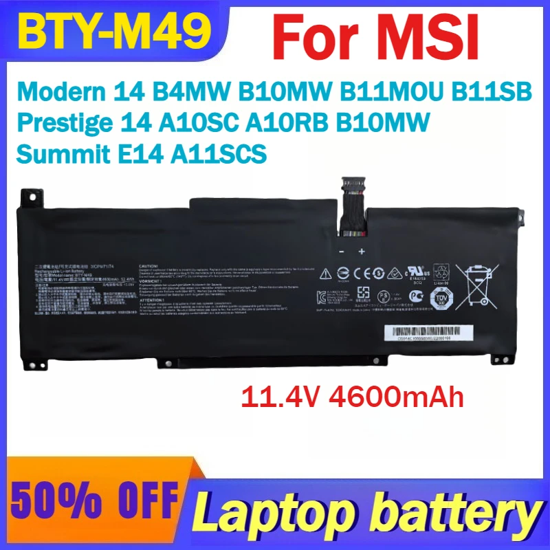 11.4V 4600mAh BTY-M49 Laptop Battery For MSI Prestige 14 A10SC A10RB B10MW/Summit E14 A11SCS/Modern 14 B4MW B10MW B11MOU B11SB