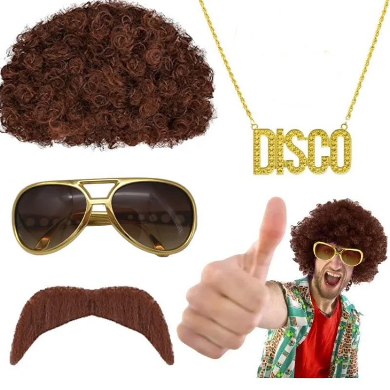4Pcs Set Adult Synthetic Wig Hat Curly Hair Sunglasses Necklace Mustach Funny Disco Hippie Party Cosplay Dress Up Costume Props