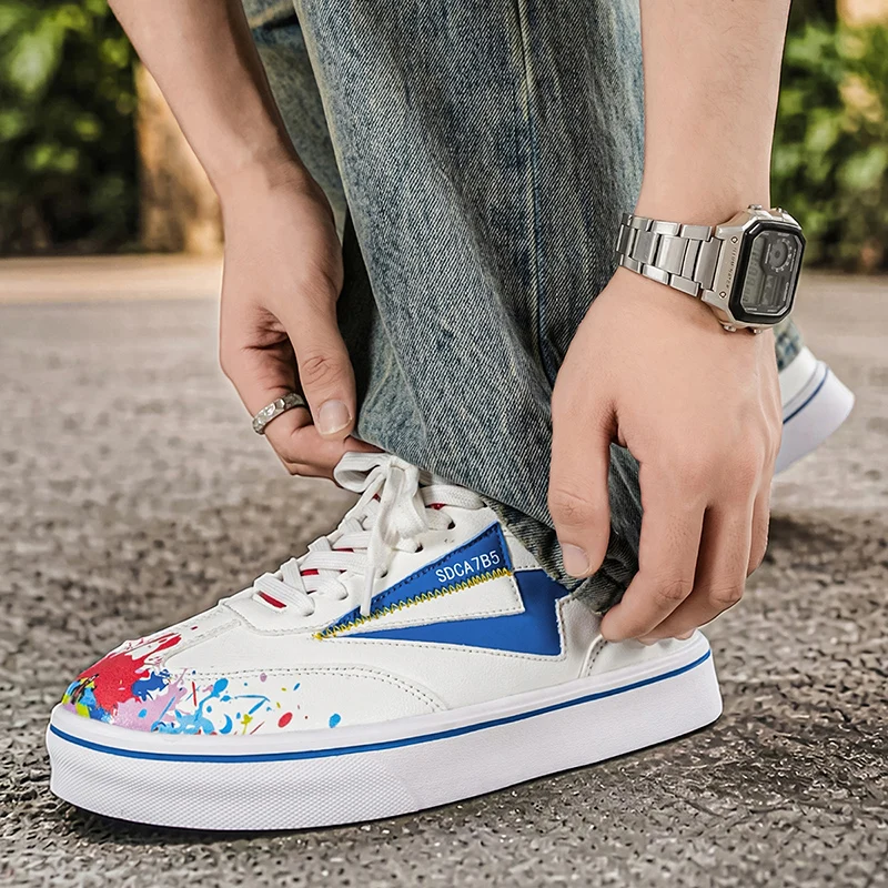 Street Style Flat Sneakers Splash Painting Design PU Upper Non Slip Sole Casual Board Shoes Urban Daily Outings