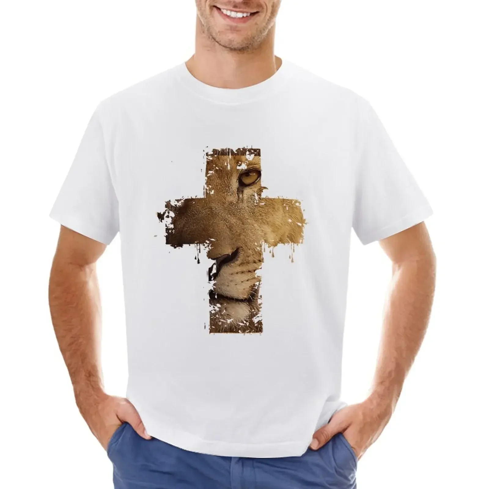 Lion Cross Christian T-Shirt Heavyweights Summer Clothes Blanks Fitted T Shirts for Men Soft and Comfortable Cotton Neutral Tee
