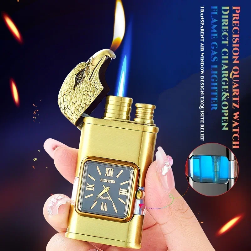 Hot selling Creative Double Flame Windproof Butane Gas Metal Lighter Camping Outdoor Portable Cigar Lighter Men\'s High end Gift