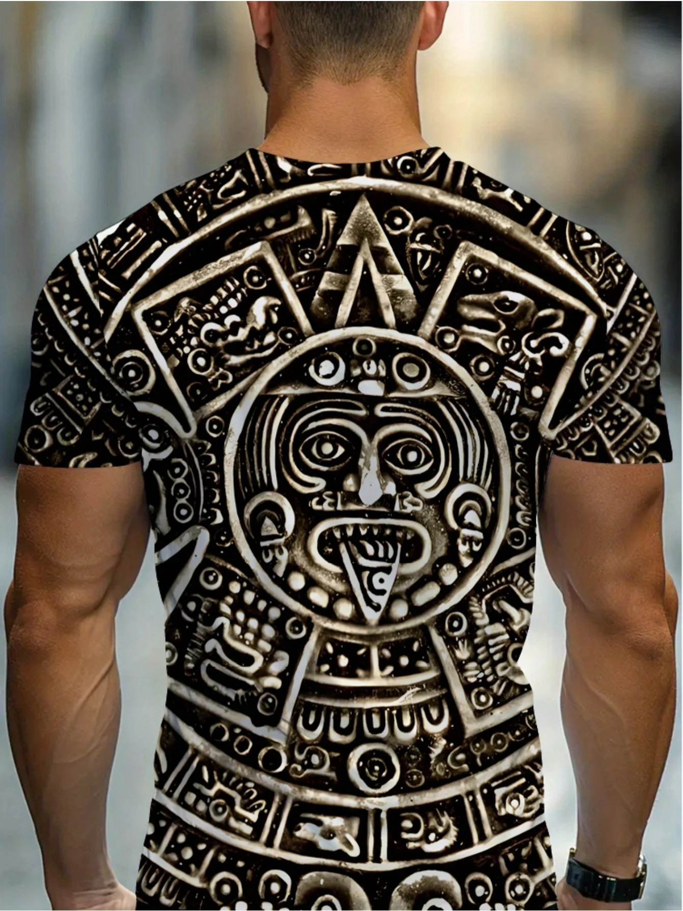 Men's Vintage Mayan Aztec Sun Stone Print T Shirt Ancient Tribal Carving Graphic Short Sleeve Casual Top