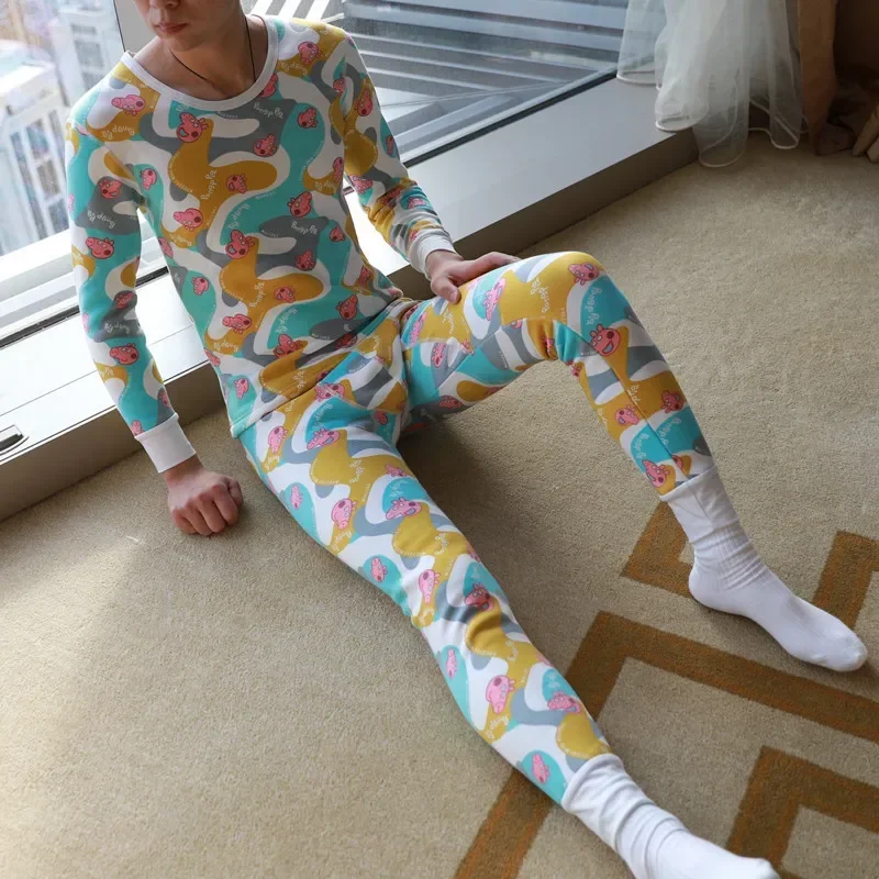 Men\'s Winter Thermal Underwear Bottoms and Tops Set Cartoon Printed Cotton Warm Plush Adding Velvet and Thickening Legging Basic