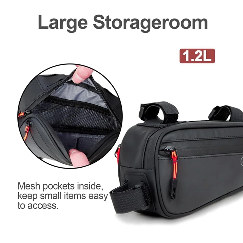 Bike Frame Bag, Waterproof Bicycle Bag With Two Side Pockets, Bike Tube Storage Pouch For Mountain Road Bike