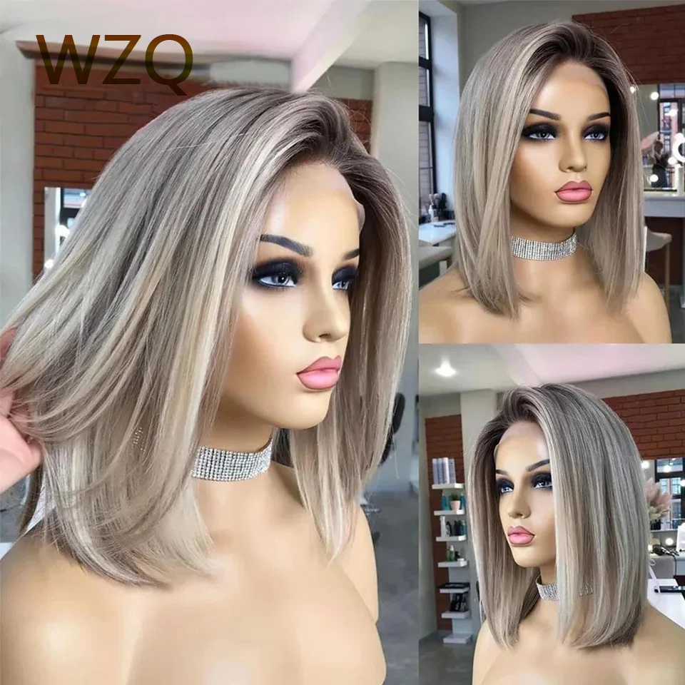 

HD Transparent Lace Short Bob Highlight Ash Blonde Human Hair Wigs Grey Brown 13x4 Lace Frontal Wigs For Women Straight Bob Cut