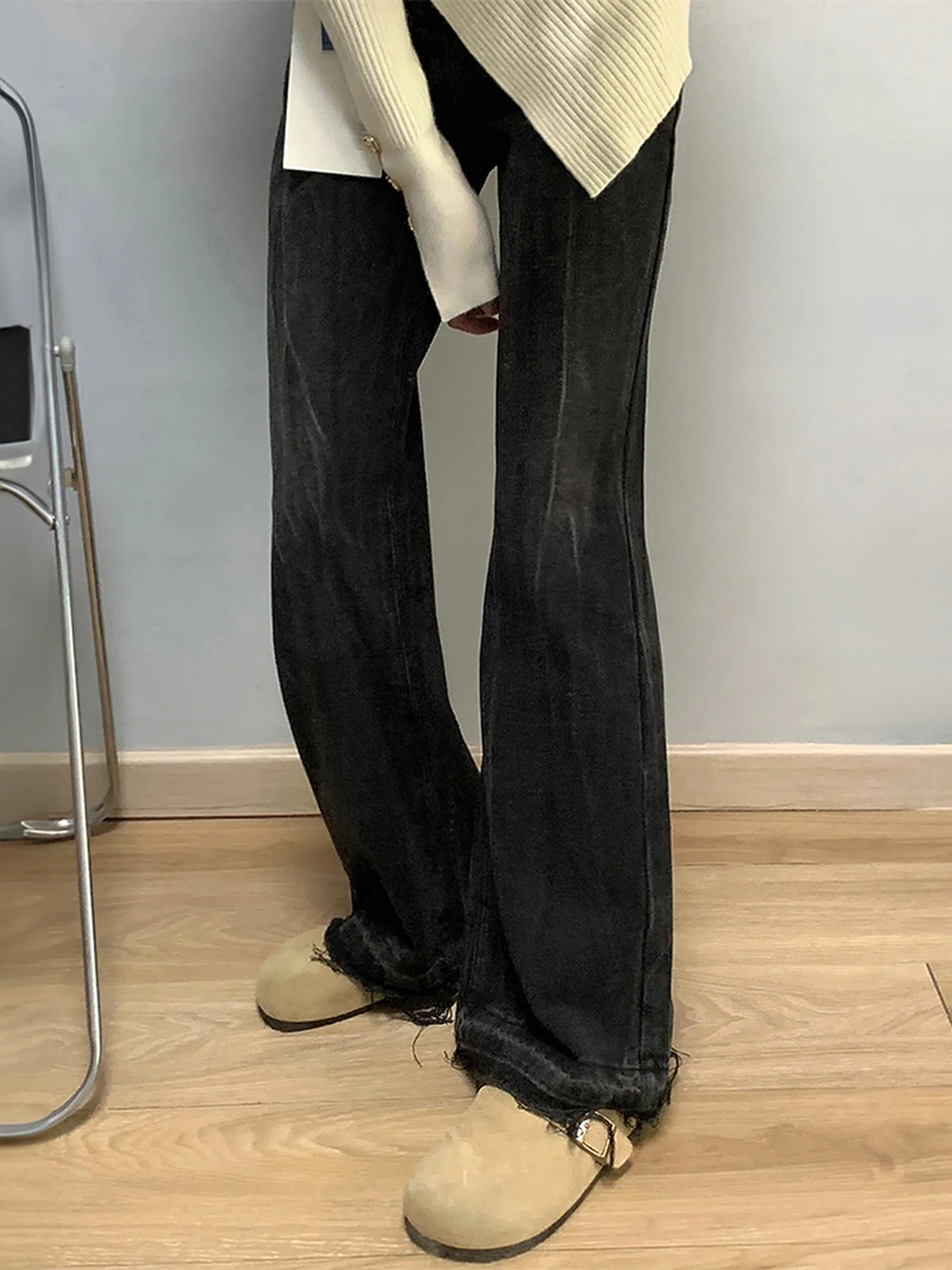 High Waist Flared Wide Leg Jeans Women's Bla ey Retro High Street Sle Autumn Winter Slimming Straight Cut Floor-Length