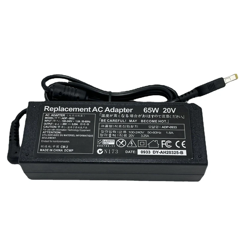 อะแดปเตอร์แปลงไฟสำหรับชาร์จแล็ปท็อป20V 3.25A 65W สำหรับ Lenovo ThinkPad X301S X230S G500 G405 X1คาร์บอน E431 T440S E531