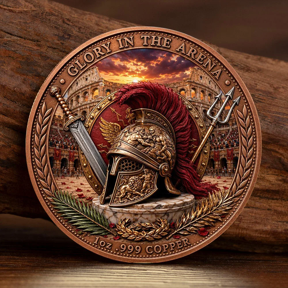 Ancient Roman Gladiator Commemorative Coin Helmet Sword Trident Red Copper Collection Coin Home Decoration