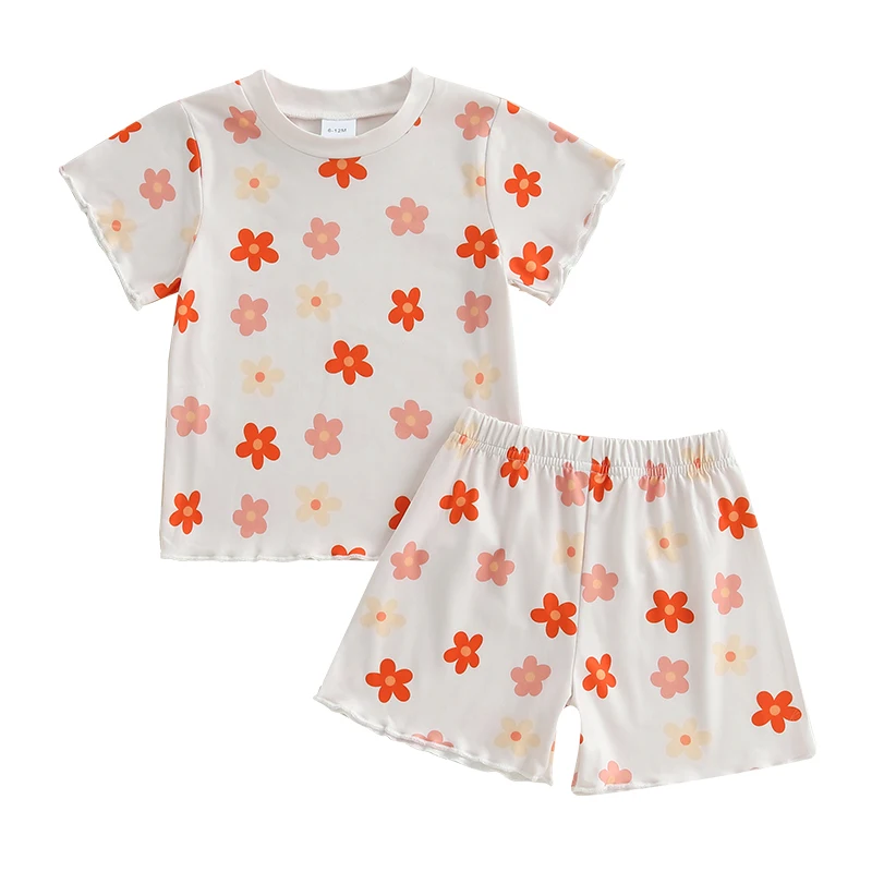 

Toddler Girls Summer Outfit Floral Print Short Sleeve T-Shirt and Elastic Shorts Set Cute 2 Piece Clothes