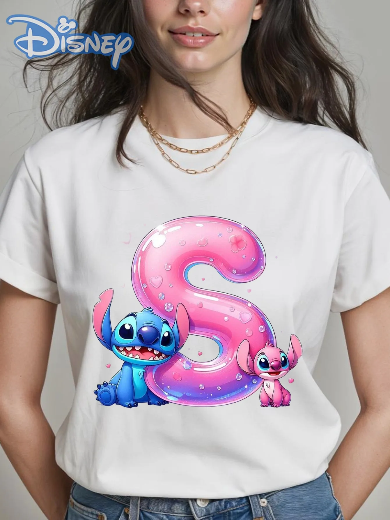 

2025 Disney Pattern Printed Women's Casual Comfortable Unique Smiling Face Black Round Neck Short Sleeve T-shirt