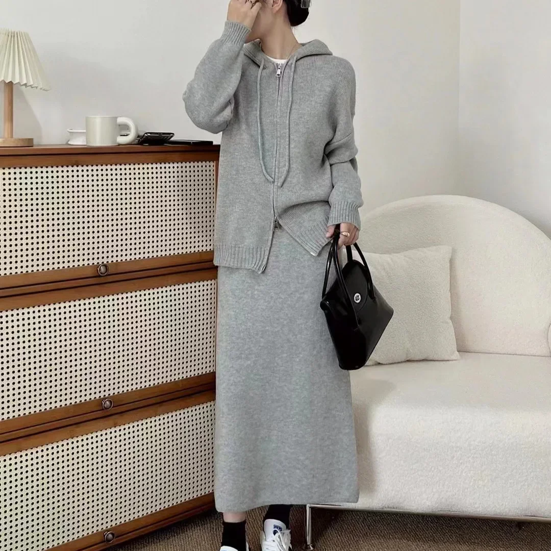 Casual Hooded Knitted Cardigan Half Skirt Two-piece Set New Loose Temperament Sweater Set