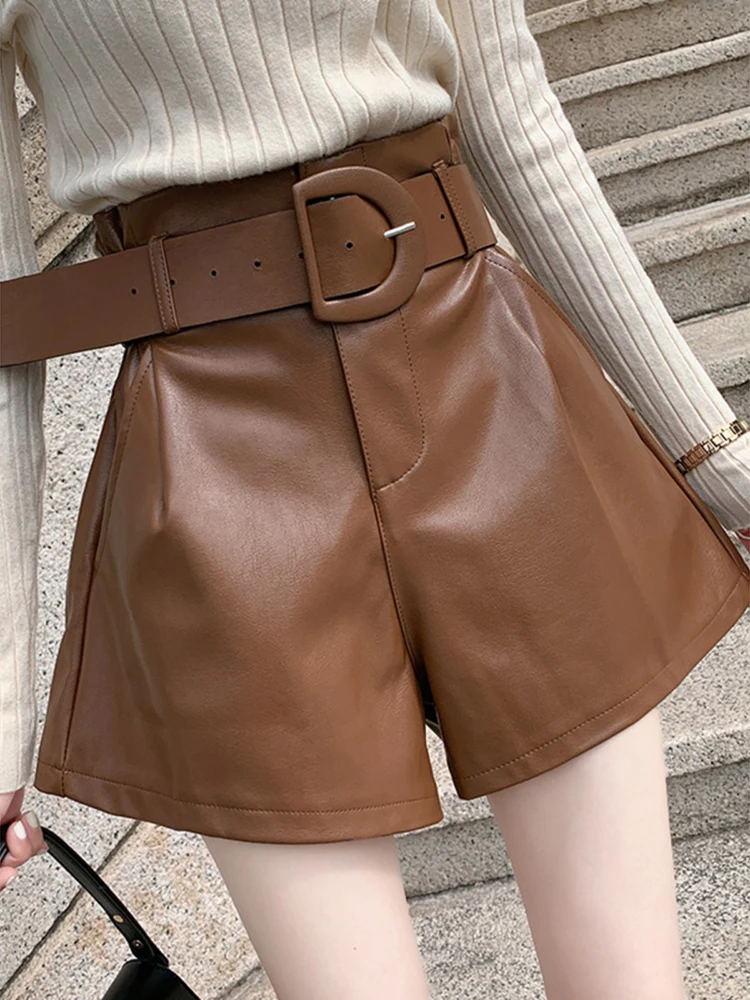 

Women Leather Shorts With Belt Pockets Spring Winter Faux Leather Wide Leg High Waist Shorts Black Coffee Color Outfit