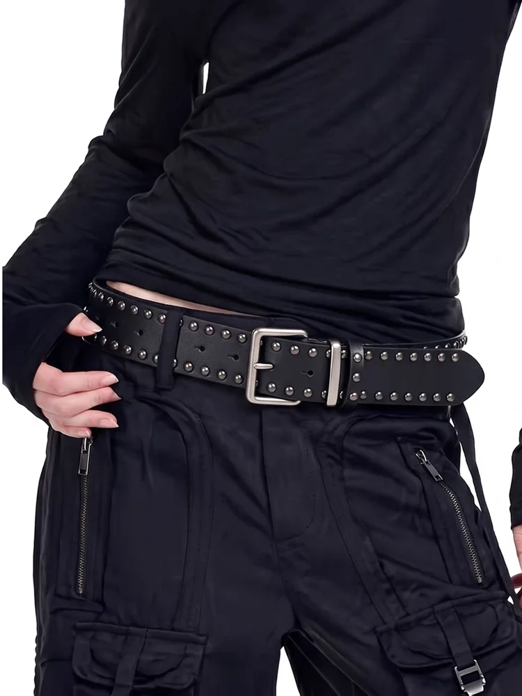 New Black Fashion Decorative Advanced Retro Rivets Genuine Leather Women Belt Buckle Casual Waist Belt For Jeans Dress