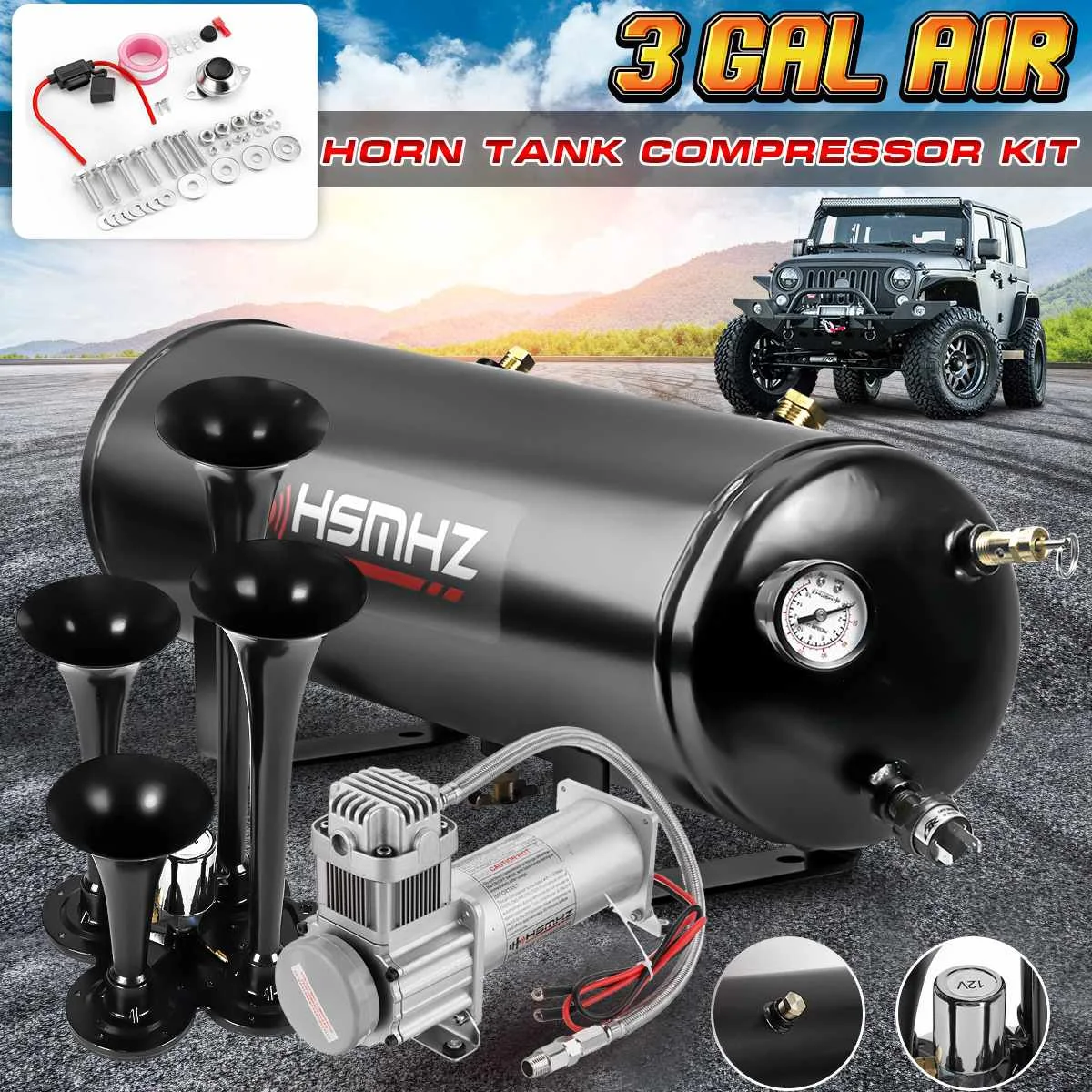 

Car Truck Air Horn Tank Compressor Kit 3 Gal 12L 200PSI Air Compressor Tank 150DB 4 Trumpet Sound Air Horn 12V