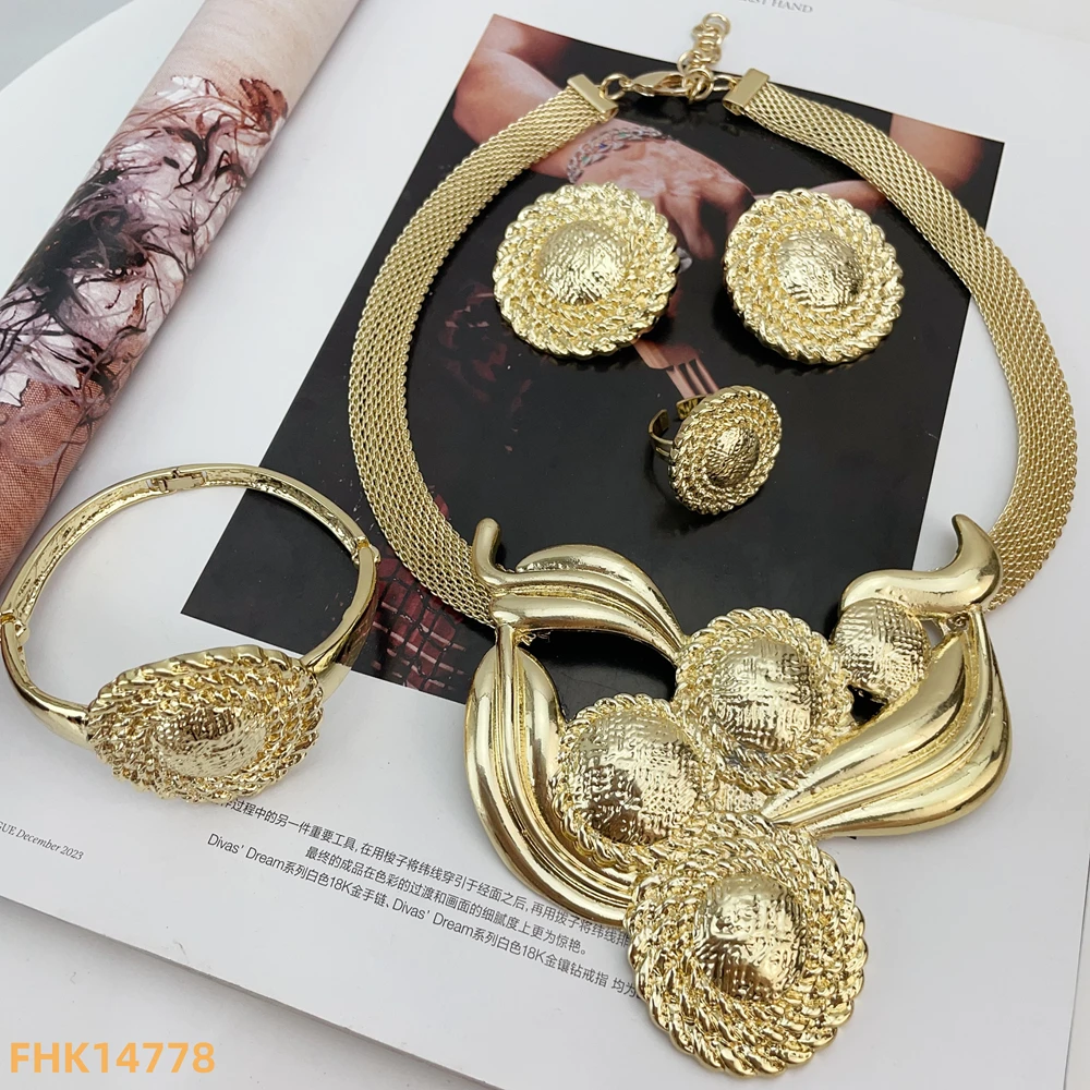 

Italian Gold Plated Women Jewelry Set Big Classic Design Necklace Earring Bracelet And Ring 4PCS Set Jewelry FHK14778
