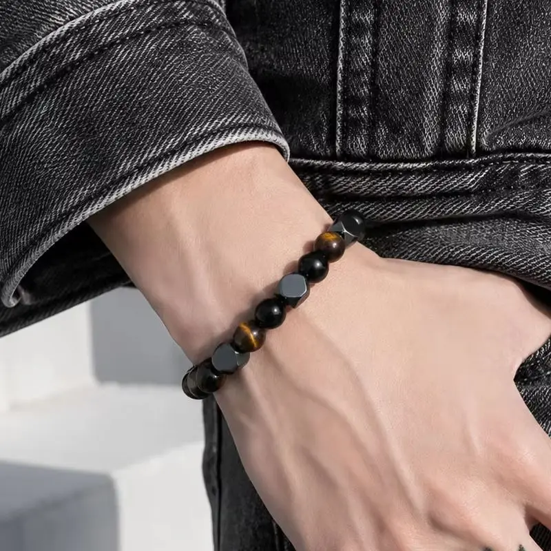 Dreifach-Schutz-Armband mit Tigerauge, Obsidian und Hämatit - Unisex Perlenarmband zur Spirituellen Heilung und Absorption Negativer Energie - Geschenkidee – Detail 2