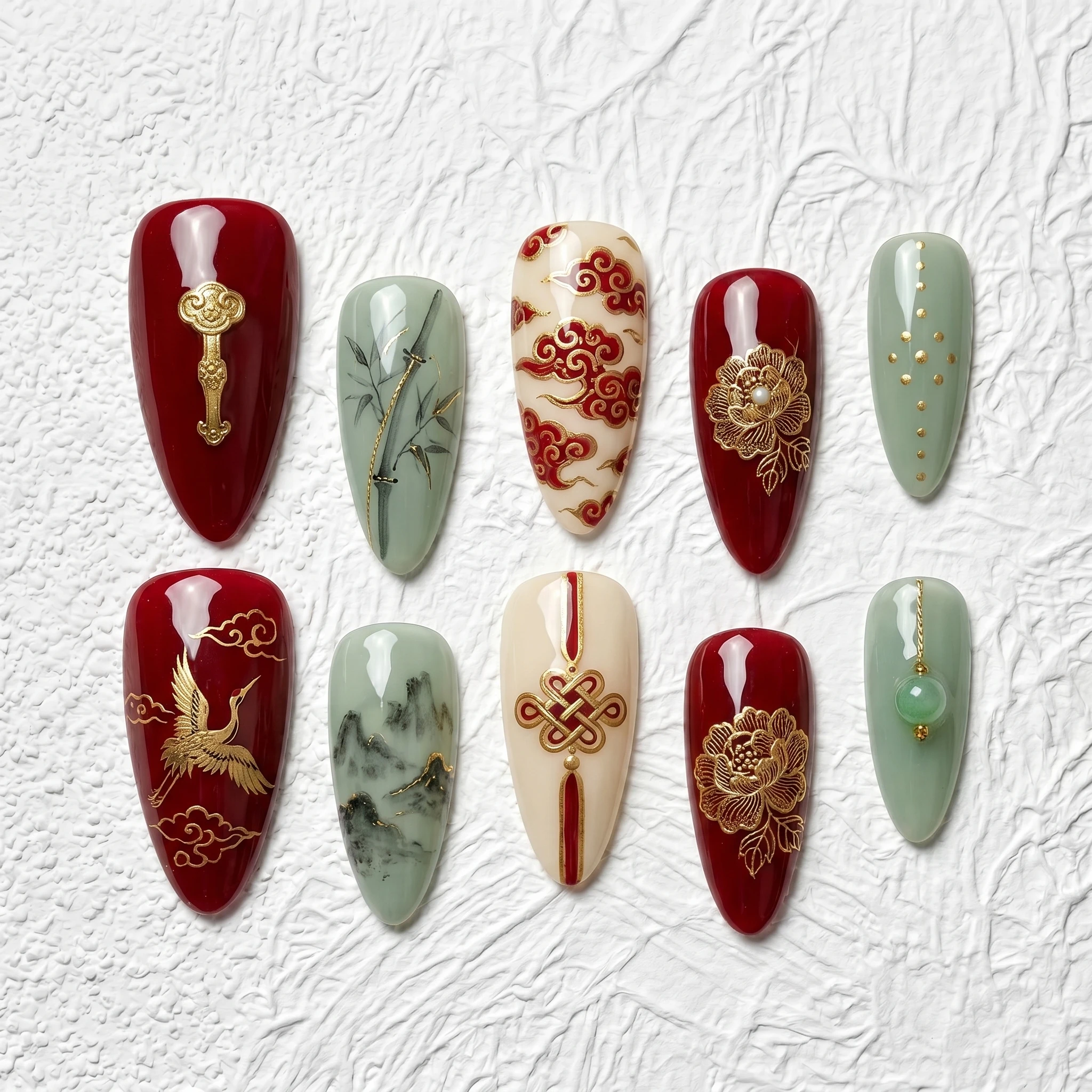 Artisan Handcrafted 10PCS Chinese Cultural Almond Press-On Nails | Gold Embroidery, Crane & Jade, Holiday Wear Salon Finish