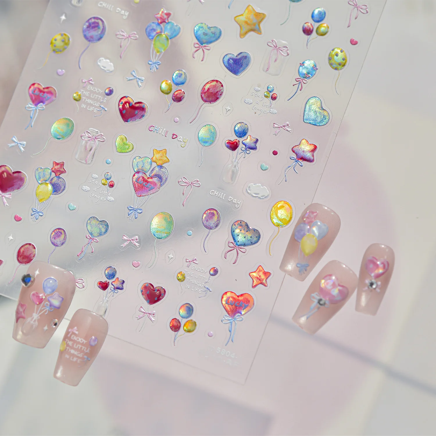 Shiny Balloon Floating Cloud Star Love Heart Bow 5D Nail Art Sticker Embossed Dreamy Self-adhesive Nail Art Decor for Women DIY