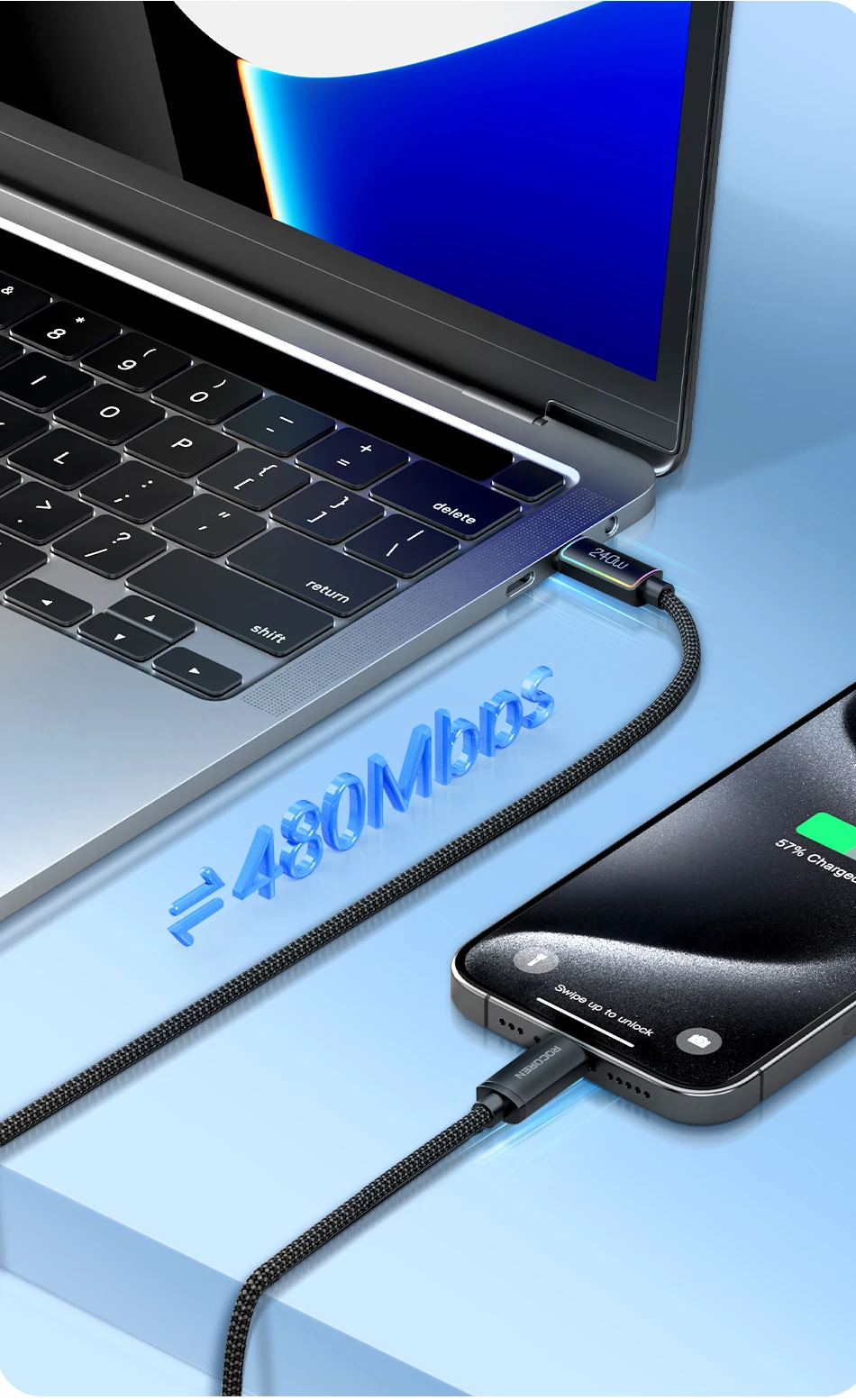 Rocoren 240W 5A Hochleistungs-Schnellladekabel Typ C 100W PD 3.1 USB C Schnelllade-Datumskabel für iPhone Samsung Laptop iPad – Detail 13