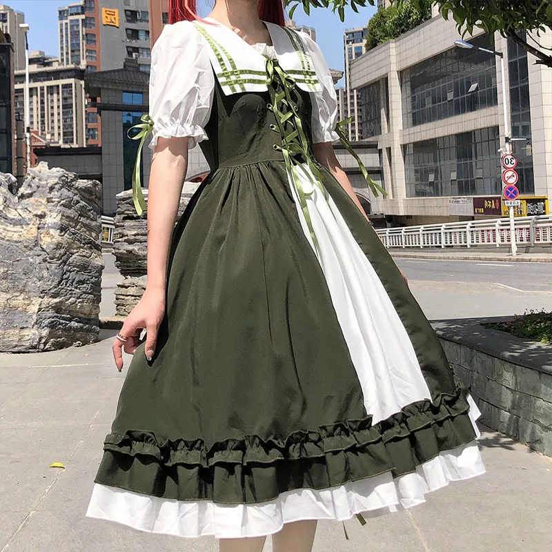 Large Size L-4XL Lolita Sweet Navy Collar Lace-up Dress Summer New Short Sleeve Ruffles Bow Green High Waist Fairy Long Dresses