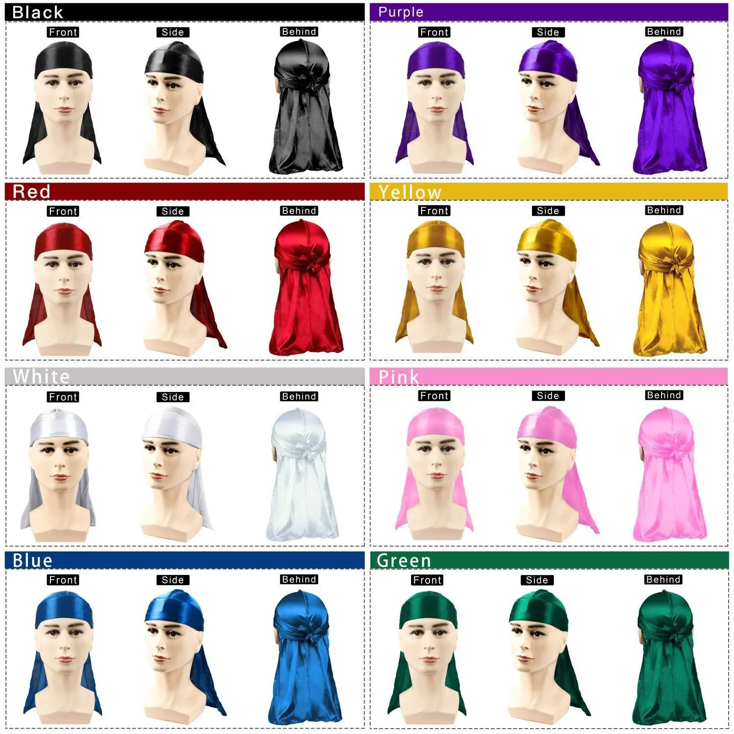 8 Buah/Lot Kain Halus Tahan Lama Satin Doo untuk 360 Pak Tahan Lama Gelombang dengan Ekor Ekstra Panjang dan Tali Lebar Wig Topi Turban Bernapas