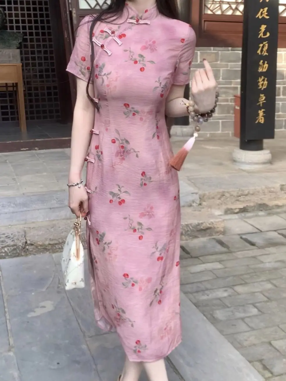 

Summer Qipao Floral Chinese Short Sleeve Modern Chinese Dress Elegant Cheongsam Girl's PinkPrint Fashion Dresses