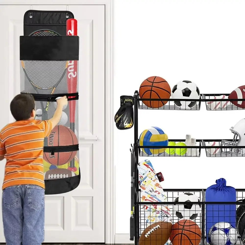 

Door Rear Basketball Hanging Bag Hanging Organizer Mesh Black Ball Storage Container Convenient Metal Hooks