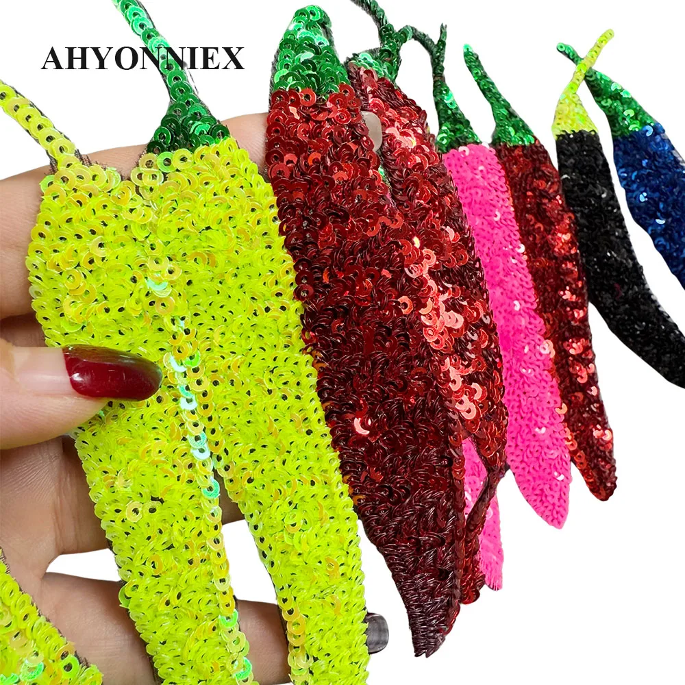 1 PCS Large Chilli Patch Sequin Embroidery Fashion Clothes Applique DIY Clothing Decoration Iron On Sequins Patches for Clothes
