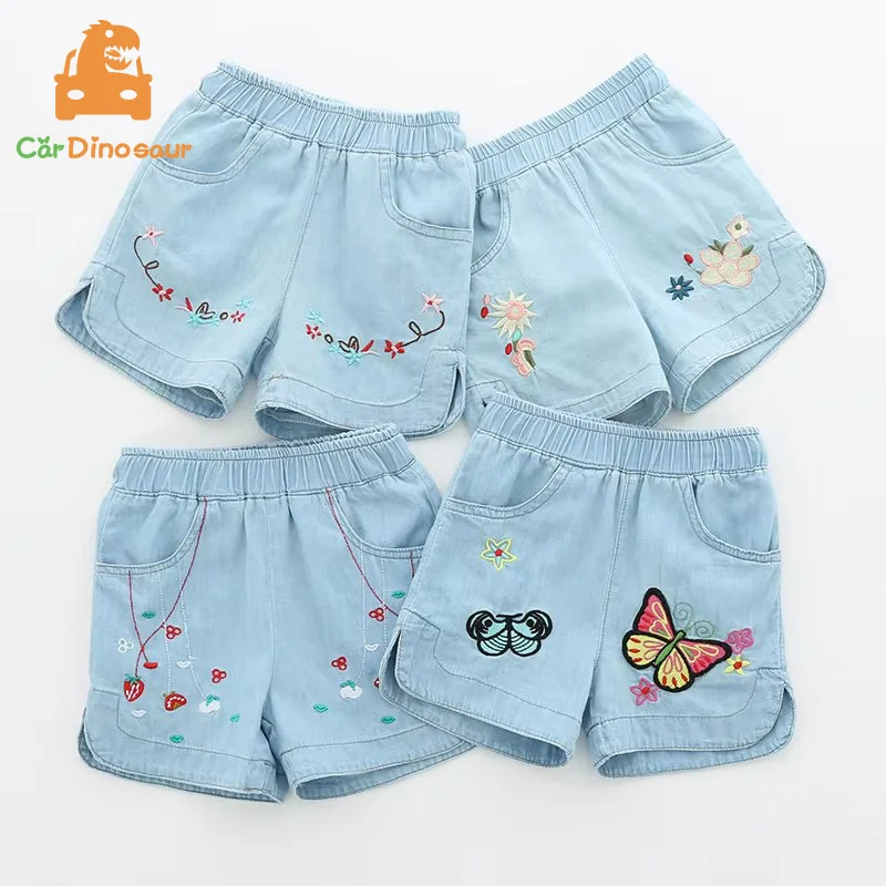 

2025 Hot Summer Casual 2 3 4 6 8 10 12Years Children Embroidery Flower Cotton Pocket Denim Blue Shorts For Small Baby Kids Girls