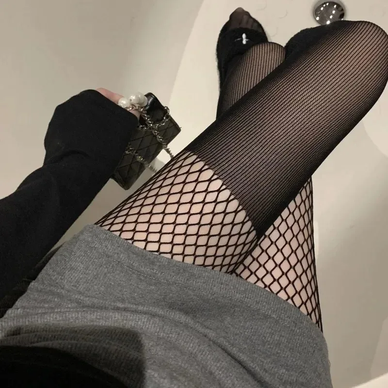 Sexy Women's Fake Long Tube Fishnet Tights Mesh Bottom Pantyhose Patchwork Sheer Black Thigh High Body Stockings Female Hosiery