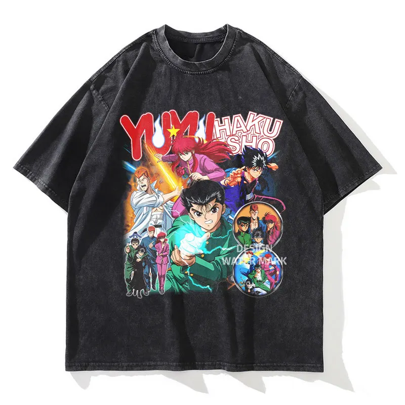

Anime YuYu Hakusho T Shirt Vintage Washed Yuusuke Hiei Kurama Kazuma T-shirts Streetwear Manga Tops Tees Men Girl 100% Cotton
