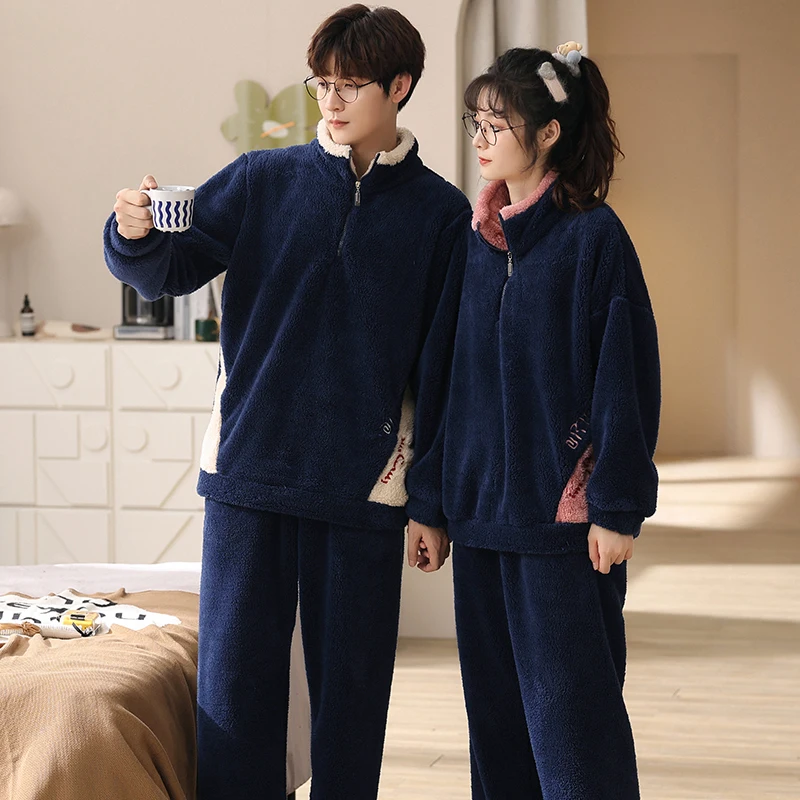 Autumn winter warm sleepwear sets couple long-sleeve pyjamas outerwear home coral fleece suits